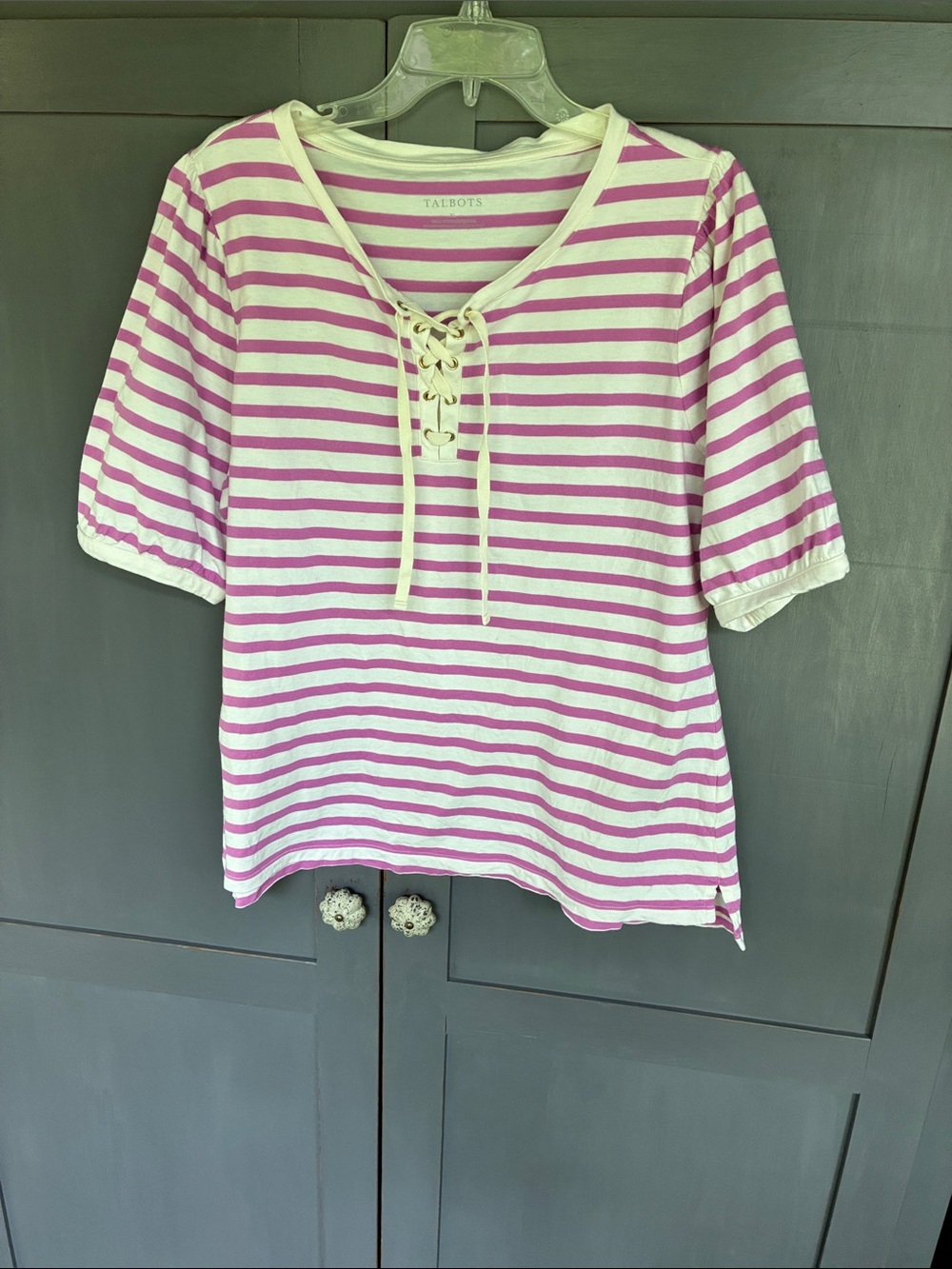 Talbots Pinkish orchid Lace-Up Striped Top xl